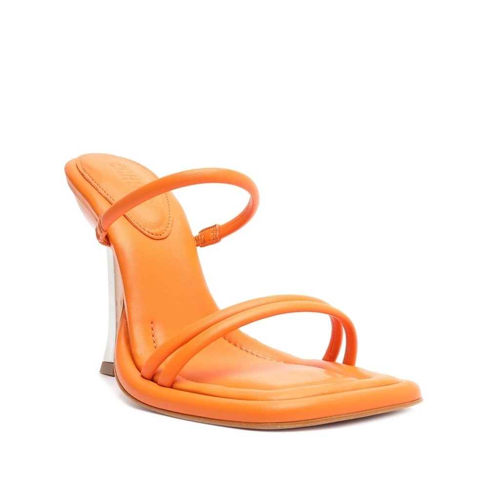 NWOB Schutz Agatha Leather Square Toe High Heel Sandals in Bright Tangerine Sz 6
